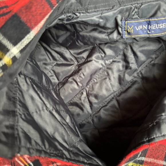 Vtg Van Heusen Flannel Jacket Mens L Plaid Shirt Red Black Quilted Grunge Preppy - Picture 7 of 9